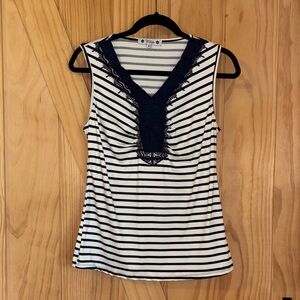 Wilde Medium Sleeveless Navy & White Stripes Fringe Statement Vee Neck